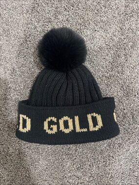Goldbergh Black Knit Pom Beanie with Gold Lettering